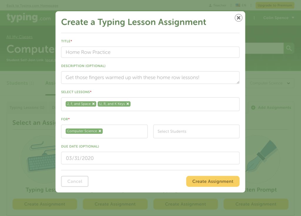 Typing.com - Create a New Assignment
