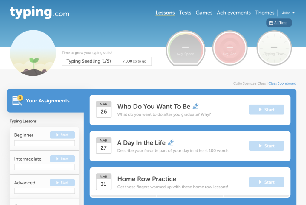 Typing.com Assignments - Student Portal View