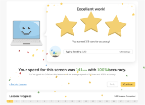 Screen complete page on Typing.com's student portal, showing confetti and praising student's efforts