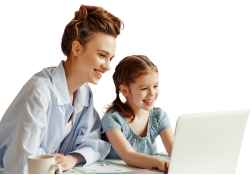 Mãe e filha praticando o homeschooling em um laptop, utilizando o Typing.com juntas