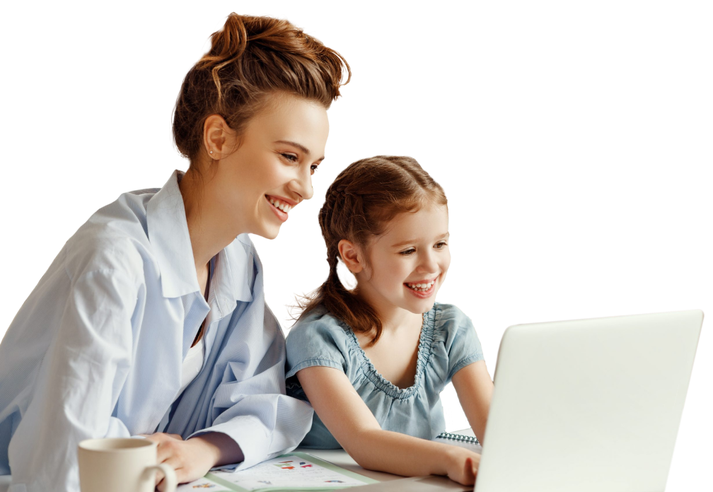 Mother and daughter homeschooling on a laptop, using Typing.com together